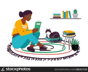 Woman reading book at home. Young female character sitting on carpet with textbook. Student girl wearing glasses preparing for exams. Cat resting on stack of books. Hobby activity vector. Woman reading book at home. Young female character sitting on carpet with textbook. Student girl wearing glasses preparing for exams
