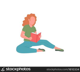 Woman reading book flat color vector faceless character. Student learning with textbook. Kindergarten teacher. Rest and recreation isolated cartoon illustration for web graphic design and animation. Woman reading book flat color vector faceless character