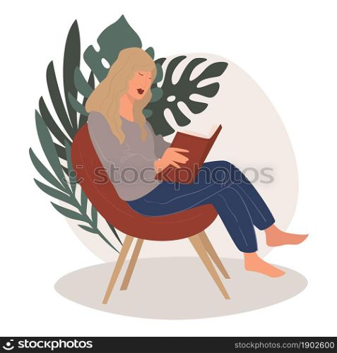 Woman reading book for fun or student learning new material preparing for lessons. Getting knowledge and relaxing at home sitting in armchair by tropical leaves flowers. Vector in flat style. Lady reading book, student learning publication