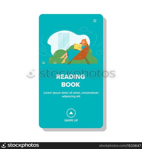 Woman Reading Book In Chair On Backyard Vector. Young Girl Sitting In Cozy Armchair And Reading Literature Or Magazine. Character Educate Or Relaxation On Terrace Web Flat Cartoon Illustration. Woman Reading Book In Chair On Backyard Vector