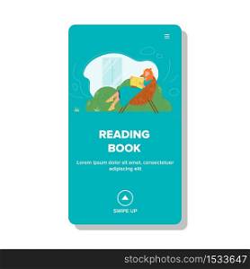 Woman Reading Book In Chair On Backyard Vector. Young Girl Sitting In Cozy Armchair And Reading Literature Or Magazine. Character Educate Or Relaxation On Terrace Web Flat Cartoon Illustration. Woman Reading Book In Chair On Backyard Vector