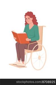 Woman reading book in wheelchair semi flat color vector character. Editable figure. Full body person on white. Disability simple cartoon style illustration for web graphic design and animation. Woman reading book in wheelchair semi flat color vector character