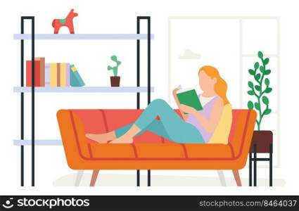 Woman reading book on sofa. Home leisure time isolated on white background. Woman reading book on sofa. Home leisure time
