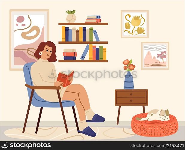 Woman reading book. Scandinavian interior, books read and relaxing. Cozy living room, girl sitting in chair and cat vector card. Illustration woman reads book in room. Woman reading book. Scandinavian interior, books read and relaxing. Cozy living room, girl sitting in chair and cat vector card