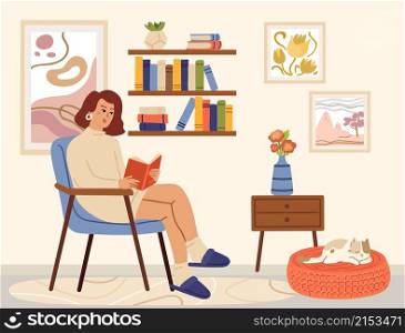 Woman reading book. Scandinavian interior, books read and relaxing. Cozy living room, girl sitting in chair and cat vector card. Illustration woman reads book in room. Woman reading book. Scandinavian interior, books read and relaxing. Cozy living room, girl sitting in chair and cat vector card