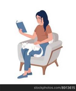 Woman reading book with cat on lap semi flat color vector character. Cozy time. Editable figure. Full body person on white. Simple cartoon style illustration for web graphic design and animation. Woman reading book with cat on lap semi flat color vector character