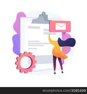 Woman reading business agreement. Special offer. Contract on clipboard. Deal arrangement, terms of use. Document studying, paper form. Vector isolated concept metaphor illustration. Business report vector concept metaphor