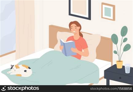 Woman reading in bed. Young girl reads book and relaxes on sofa. Lazy home rest, reading literature before sleeping, flat vector concept. Girl young in comfort bed with book and cat illustration. Woman reading in bed. Young girl reads book and relaxes on sofa. Lazy home rest, reading literature before sleeping, flat vector concept