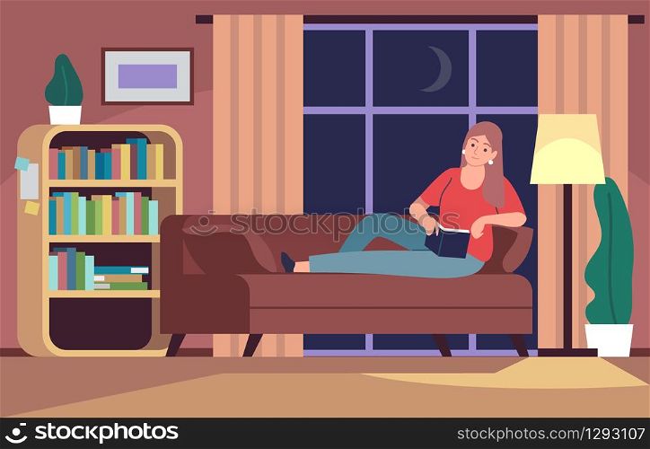 Woman reading in couch. Young wearing sweater girl in bedroom reads book under light lamp on sofa, relaxing home rest flat vector concept. Woman reading in couch. Young girl in bedroom reads book under light lamp on sofa, relaxing home rest flat vector concept