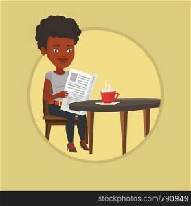 Woman reading newspaper in a cafe. Woman reading the news in newspaper. Woman sitting with newspaper in cafe and drinking coffee. Vector flat design illustration in the circle isolated on background.. Woman reading newspaper and drinking coffee.