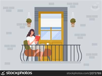 Woman reading on balcony. People relax sitting on chair in modern balcony building exterior vector background. Comfort terrace for coffee and reading book illustration. Woman reading on balcony. People relax sitting on chair in modern balcony building exterior vector background