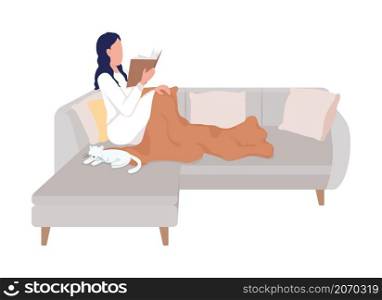 Woman reading on sofa semi flat color vector character. Posing figure. Full body person on white. Hygge lifestyle isolated modern cartoon style illustration for graphic design and animation. Woman reading on sofa semi flat color vector character