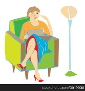 Woman reading or watching pictures sitting on an armchair, hand drawn cartoon illustration isolated on white