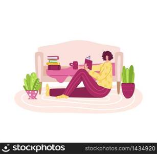 Woman reads book in cozy home rooms - home activities and literature fans concept, girl rests or studies at home, flat cartoon female textured characters isolated on white - vector illustration. Literature fans people with books