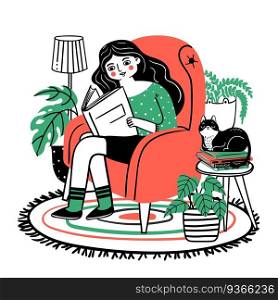 Woman reads in chair. Happy relaxed girl reading book in cozy armchair at home. Books lover with plants and cat. Hand drawn vector concept. Woman read book in chair with cat illustration. Woman reads in chair. Happy relaxed girl reading book in cozy armchair at home. Books lover with plants and cat. Hand drawn vector concept