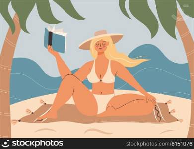 Woman reads sitting by the sea. Self time concept illustration