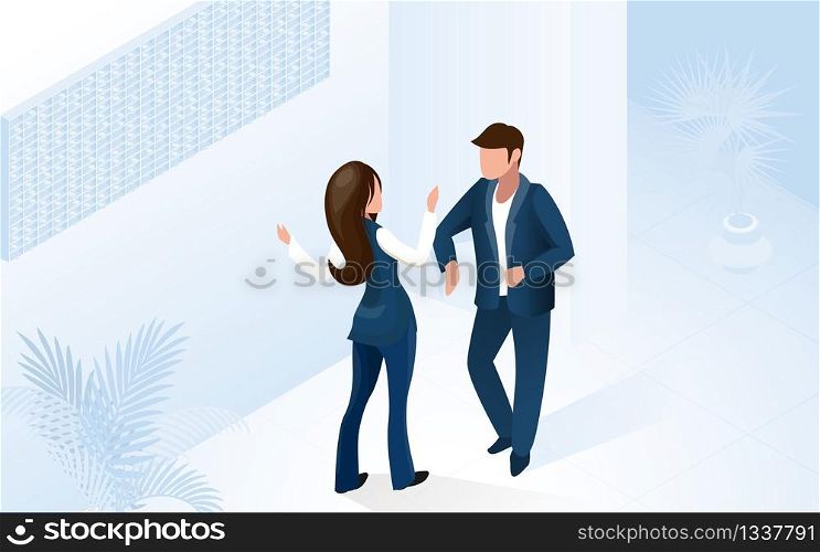 Woman Receptionist Assistant Manager Help Man Tourist at Modern Hotel Lobby Vector Isometric Illustration. Administrator Staff Welcome Guest. Vacation Travel Room Reservation Service. Woman Receptionist Manager Help Man Tourist