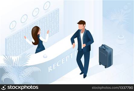 Woman Receptionist at Counter Welcome Man with Suitcase at Modern Hotel Lobby Vector Isometric Illustration. Manager Assistant Help Tourist at Hotel reception. Vacation Travel Room Reservation Service. Woman Receptionist at Counter Welcome Man in Hotel