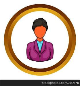 Woman receptionist at hotel vector icon in golden circle, cartoon style isolated on white background. Woman receptionist at hotel vector icon