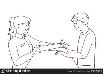 Woman receptionist give document to sign for client in hotel. Female administrator hand paperwork for customer for signature at reception. Vector illustration. . Female receptionist give document for client to sign 