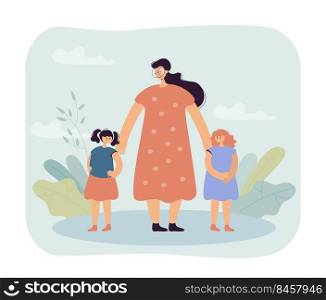 Woman reconciling children vector illustration. Female characters trying make peace between two little girls after quarrel. Child conflict concept for banner, website design, landing web page