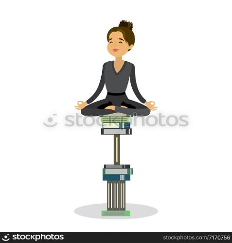 Woman relax in lotus yoga pose sitting on a pile of books,place for text,isolated on white,flat vector illustration