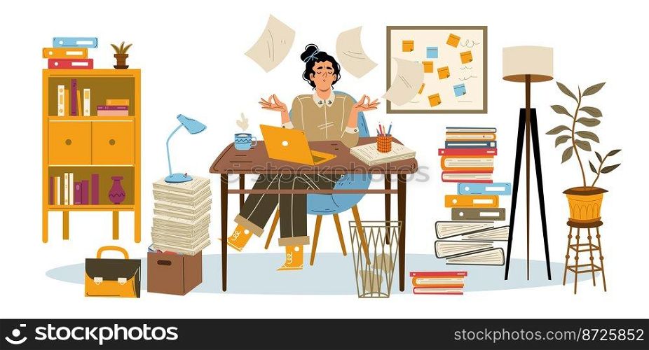 Woman relax in zen pose in office with stacks of paperwork. Concept of break time, deadline, procrastination, mental wellbeing. Girl employee meditate on work, vector hand drawn illustration. Woman relax in office with stacks of paperwork