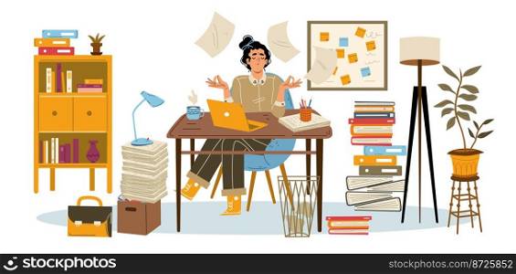 Woman relax in zen pose in office with stacks of paperwork. Concept of break time, deadline, procrastination, mental wellbeing. Girl employee meditate on work, vector hand drawn illustration. Woman relax in office with stacks of paperwork