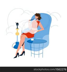 Woman Relaxing And Smoking In Hookah Cafe Vector. Young Girl Sit In Armchair, Smoke Aromatic Hookah Tobacco And Drink Coffee Or Tea Drink. Character Resting Flat Cartoon Illustration. Woman Relaxing And Smoking In Hookah Cafe Vector