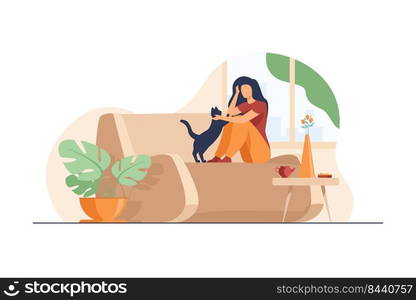 Woman relaxing at cozy home. Girl sitting on couch and petting cat. Vector illustration for comfort, hygge, house, apartment concept