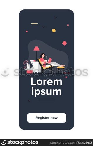 Woman relaxing at home. Girl drinking hot tea, reading book in armchair flat vector illustration. Leisure, evening, literature concept for banner, website design or landing web page
