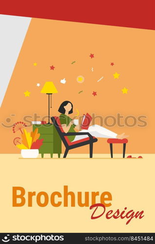 Woman relaxing at home. Girl drinking hot tea, reading book in armchair flat vector illustration. Leisure, evening, literature concept for banner, website design or landing web page