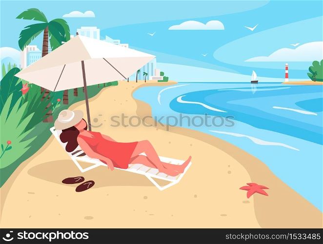 Woman relaxing at sandy beach flat color vector illustration. Summertime leisure. Girl sunbathing 2D cartoon character with city skyscrapers, ocean and tropical palm trees on background. Woman relaxing at sandy beach flat color vector illustration