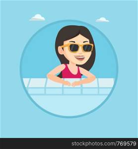 Woman relaxing in swimming pool at resort. Woman bathing in swimming pool. Woman swimming and relaxing in pool on summer vacation. Vector flat design illustration in the circle isolated on background.. Smiling young woman in swimming pool.