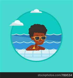 Woman relaxing in swimming pool at resort. Woman bathing in swimming pool. Woman swimming and relaxing in pool on summer vacation. Vector flat design illustration in the circle isolated on background.. Smiling young woman in swimming pool.