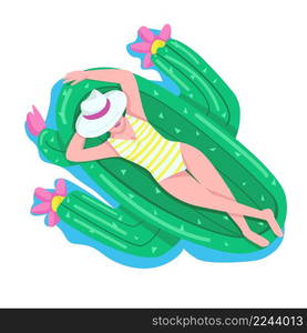 Woman relaxing on cactus air mattress semi flat color vector character. Lying figure. Full body person on white. Pool activity simple cartoon style illustration for web graphic design and animation. Woman relaxing on cactus air mattress semi flat color vector character