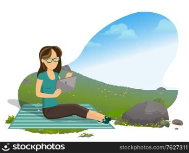 Woman relaxing on nature vector, person reading book on gadget, ebook reader, tourism of female. Natural environment and rest, rock and foliage flat style. Mountain tourism. Flat cartoon. Woman Reading Book on Nature Sitting on Blanket