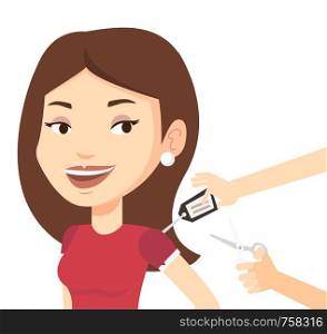 Woman removing price tag off new t-shirt. Caucasian woman cutting price tag off new clothes with scissors. Woman shopping at clothes store. Vector flat design illustration isolated on white background. Woman cutting price tag off new t-shirt.