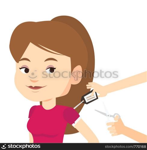 Woman removing price tag off new t-shirt. Caucasian woman cutting price tag off new clothes with scissors. Woman shopping at clothes store. Vector flat design illustration isolated on white background. Woman cutting price tag off new t-shirt.
