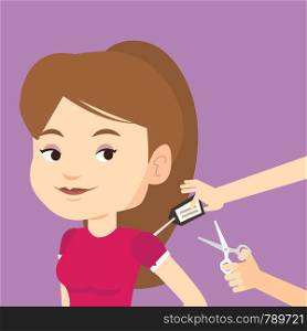 Woman removing price tag off new t-shirt. Young caucasian woman cutting price tag off new clothes with scissors. Happy woman shopping at clothes store. Vector flat design illustration. Square layout.. Woman cutting price tag off new t-shirt.