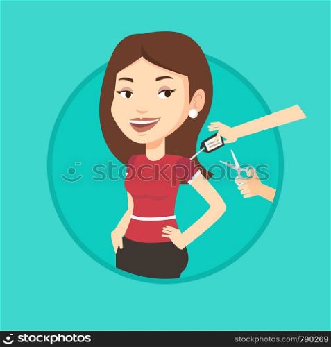 Woman removing price tag off new t-shirt. Woman cutting price tag off new clothes with scissors. Woman shopping at clothes store. Vector flat design illustration in the circle isolated on background.. Woman cutting price tag off new t-shirt.