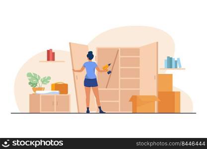 Woman repairing wardrobe with hand drill. Door, wood, assembly flat vector illustration. Furniture and renovation concept for banner, website design or landing web page