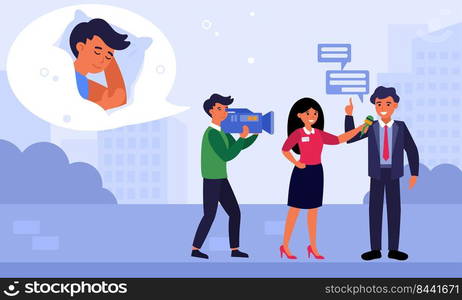 Woman reporter interviewing businessman in morning. Cameraman thinking about sleeping flat vector illustration. Reportage concept for banner, website design or landing web page