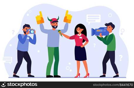 Woman reporter interviewing male fan. Cameraman shooting reportage and photograph taking shots flat vector illustration. Reportage concept for banner, website design or landing web page