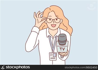 Woman reporter with microphone adjusts glasses and interviews politician or manager of large corporation. Girl holds out microphone to screen while filming report for tv show with expert opinion. Woman reporter with microphone adjusts glasses and interviews politician or manager of corporation