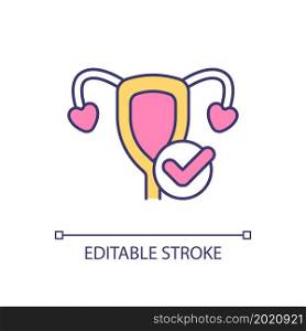 Woman reproductive system health RGB color icon. Gynecologic visit. Healthy female internal genital organs. Female anatomy. Isolated vector illustration. Simple filled line drawing. Editable stroke. Woman reproductive system health RGB color icon