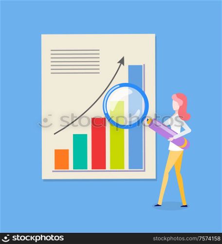 Woman reserching diagram, chart with rising up arrow. Female holding magnifier, growth pointer on slide. Person with loupe near statistics page vector. Woman and Loupe, Chart with Rising Up Arrow Vector