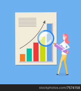 Woman reserching diagram, chart with rising up arrow. Female holding magnifier, growth pointer on slide. Person with loupe near statistics page vector. Woman and Loupe, Chart with Rising Up Arrow Vector