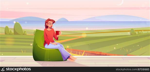 Woman rest in bean bag chair on house porch or terrace with view to fields and lake in early morning. Vector cartoon illustration of girl with cup on wooden veranda and countryside landscape. Woman rest on house terrace with view to fields