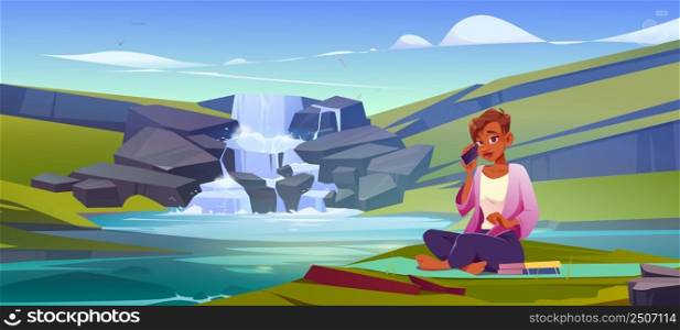 Woman rest sitting on mat on waterfall coast. Vector cartoon illustration of summer landscape with river, cascade water fall, green grass and girl with phone and books on picnic. Woman rest sitting on mat on waterfall coast